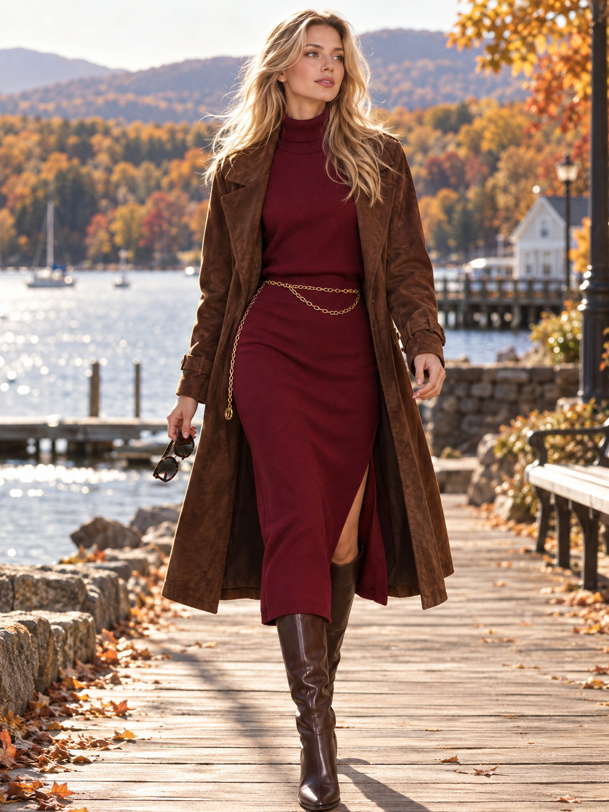Turtleneck Long Sleeve Knit Sweater Midi Dress With Side Slit
