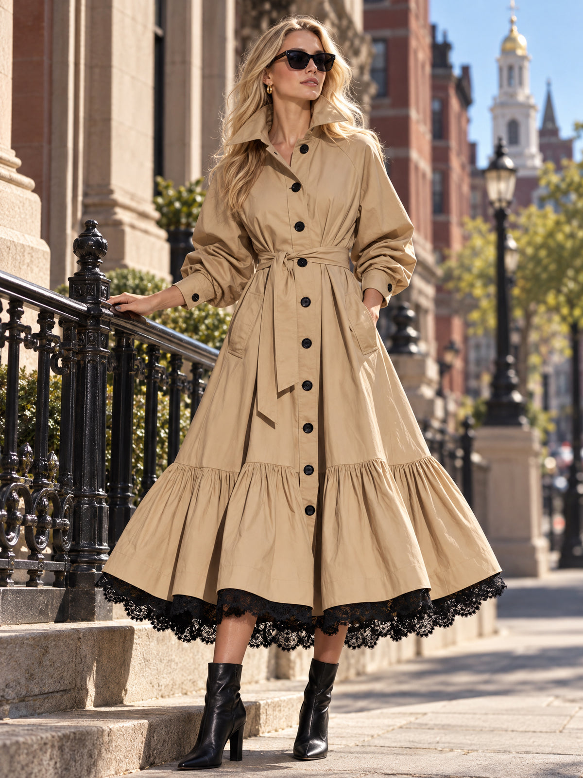 Elegant A-Line Lace Hem Belted Trench Coat