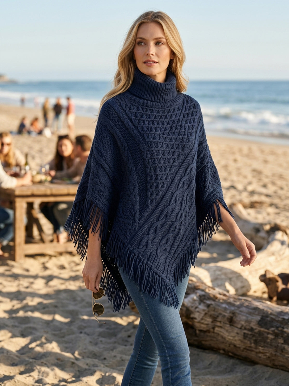 Navy Cable Knit Turtleneck Fringe Hem Poncho