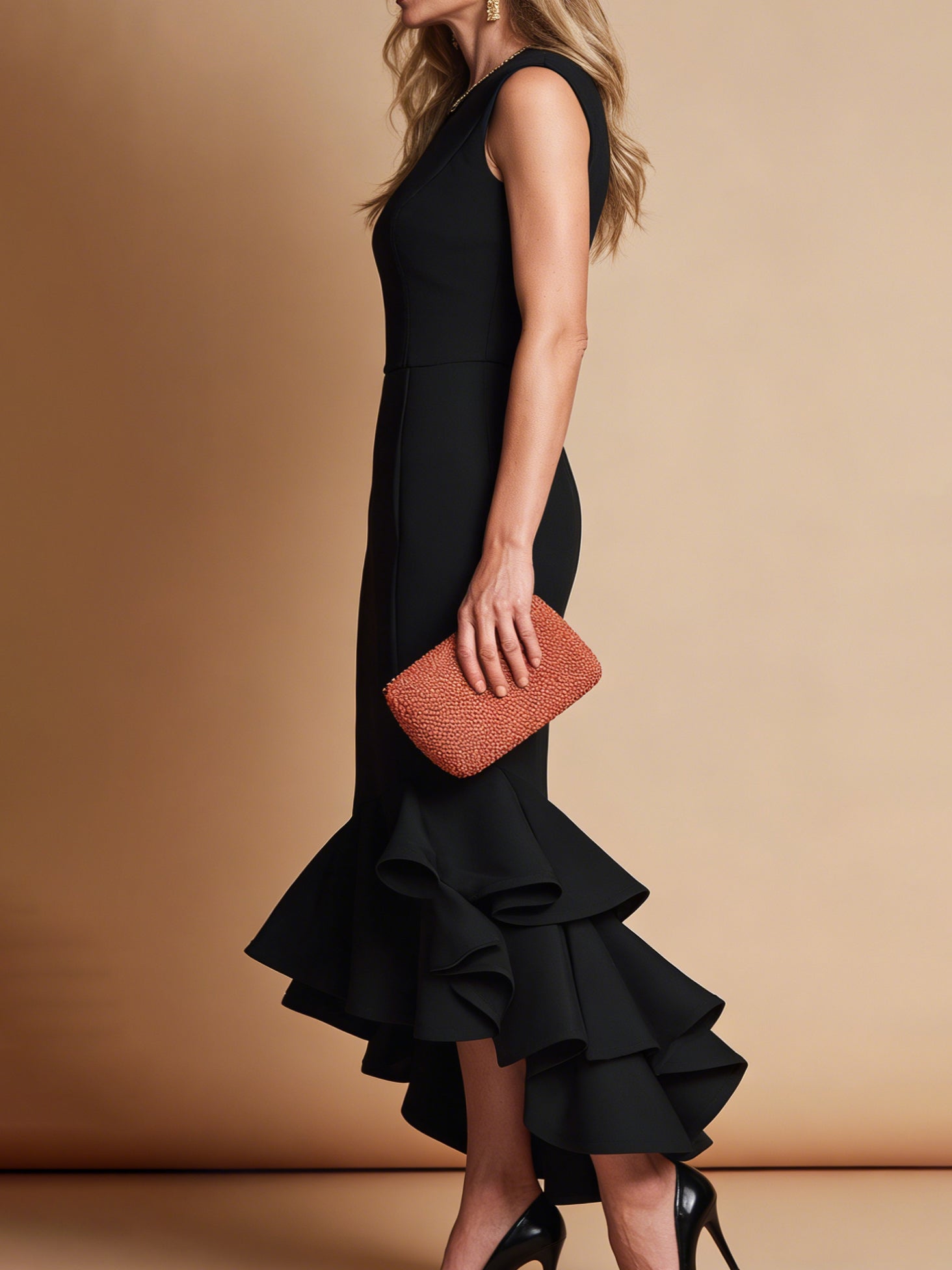 Robe longue de soirée sirène noire sans manches à volants Liserie