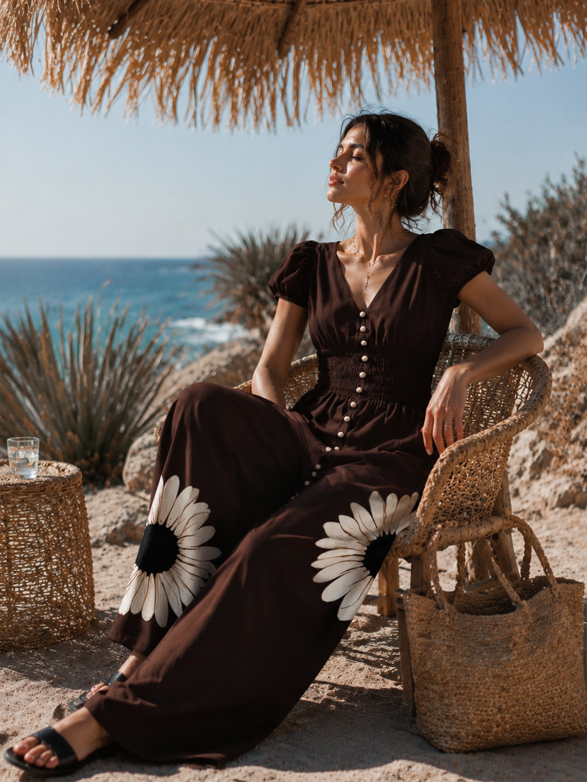 Floral Cotton V Neck Jumpsuit With Short Sleeves &Wide Leg Trousers