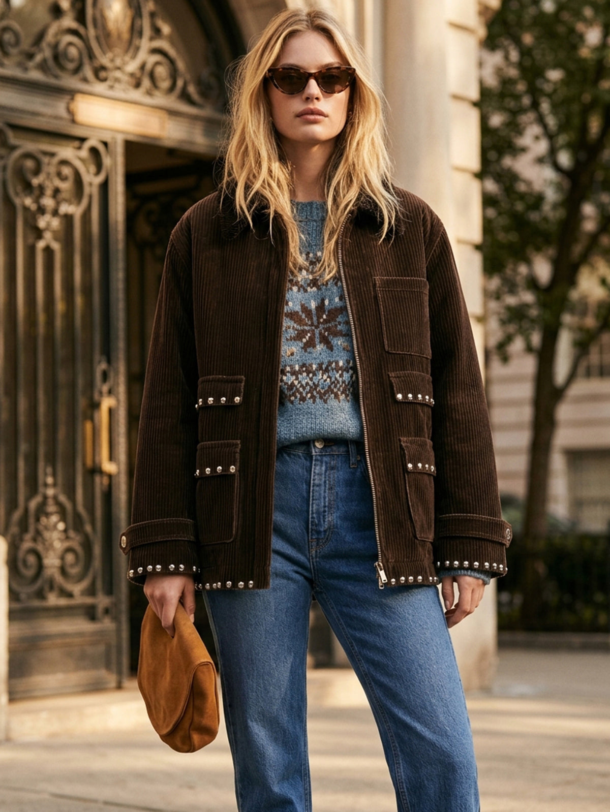 Chocolate Brown Studded Corduroy Zip-Up Jacket