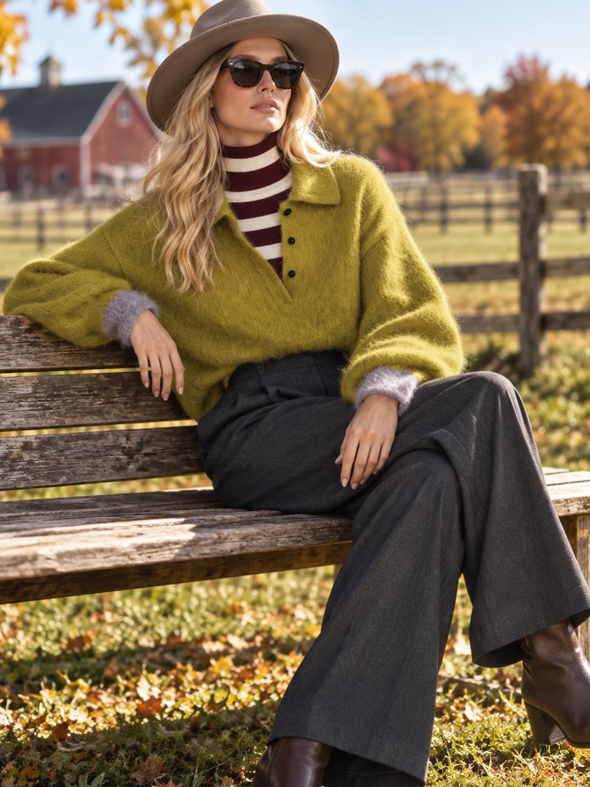 Cress Green Fuzzy Knit Polo Collar Half-Button Placket Sweater