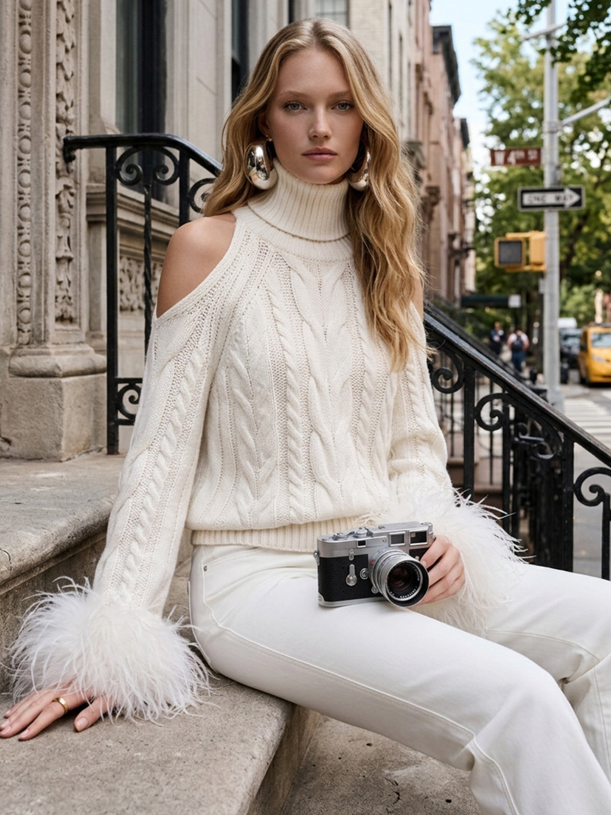 Ivory Turtleneck Cable Knit Feather Cuffs Sweater