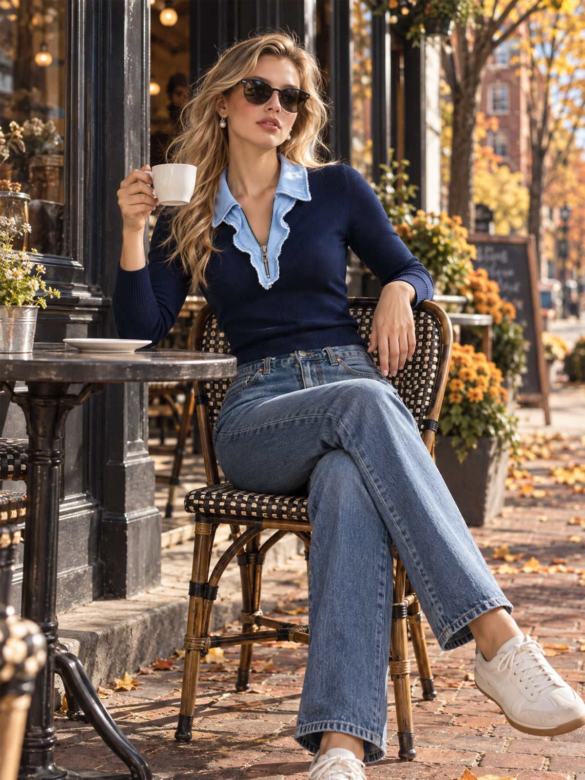 Denim Placket Half-Zip Knitwear