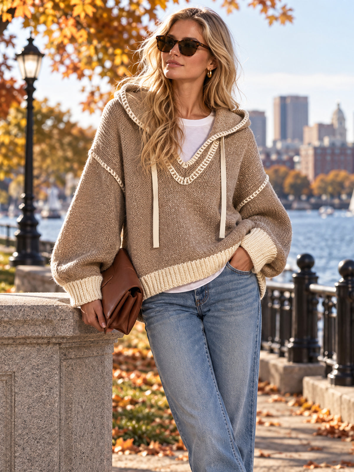Contrast Stitch V-Neck Knit Hooded Sweater Pullover