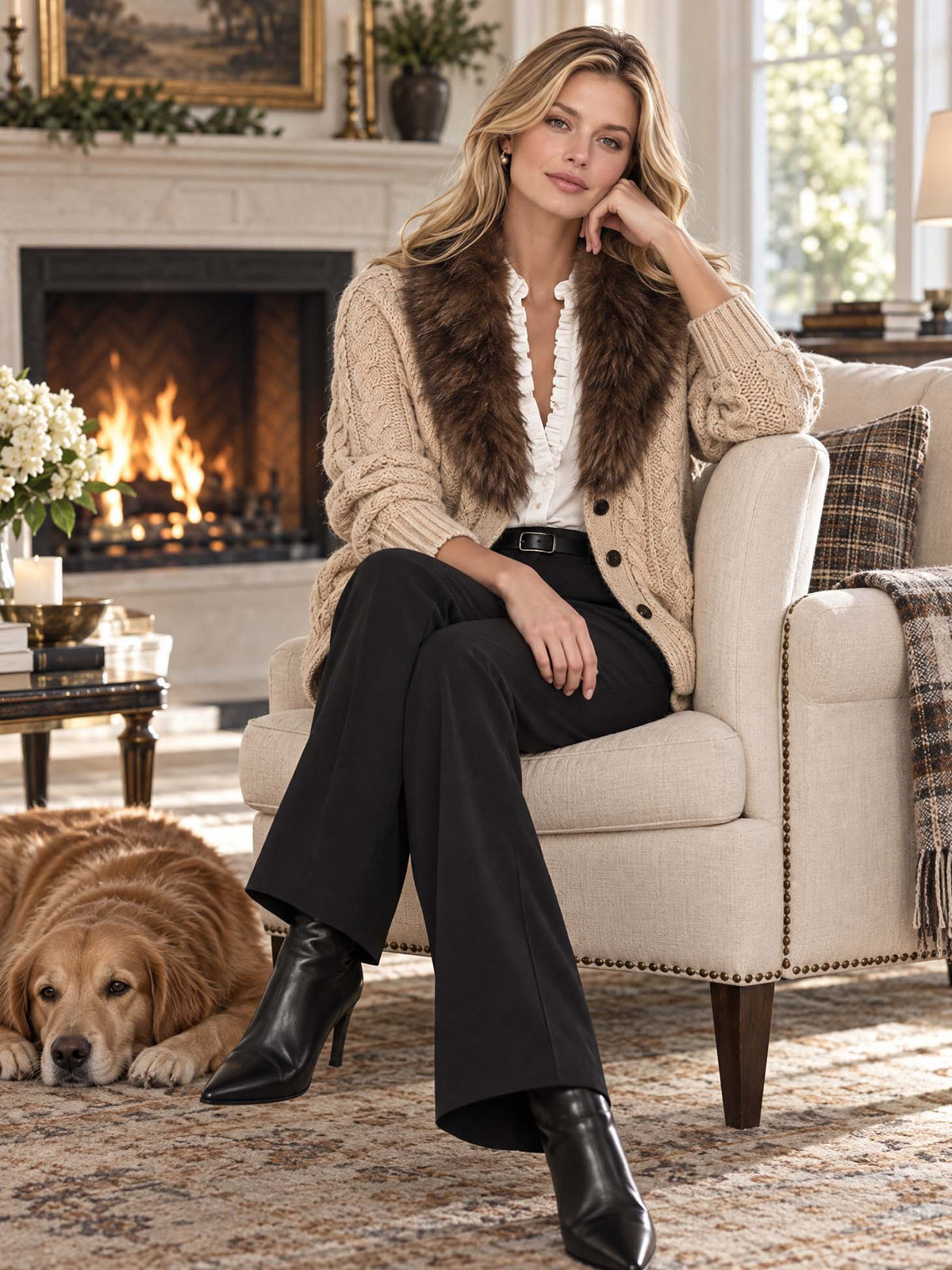 Detachable Faux Fur Collar Cable Knit Cardigan