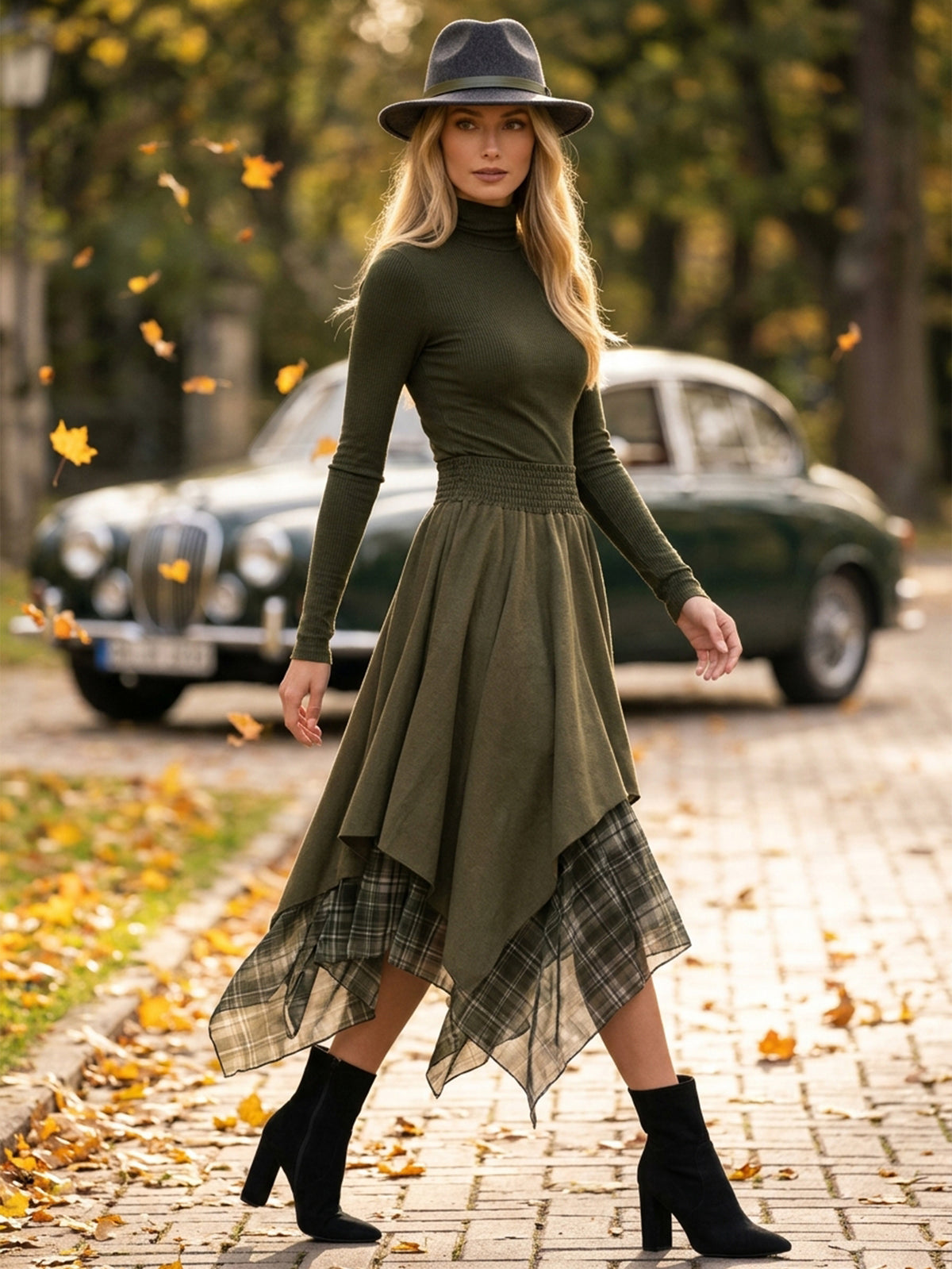Olive Green Mock Neck Asymmetric Plaid Hem Midi Dress