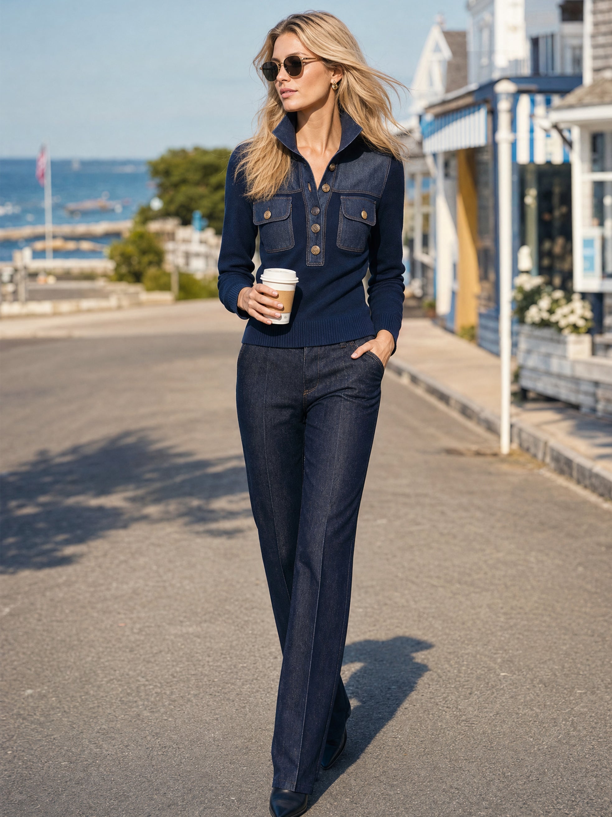 Knit Denim Hybrid Henley Blouse