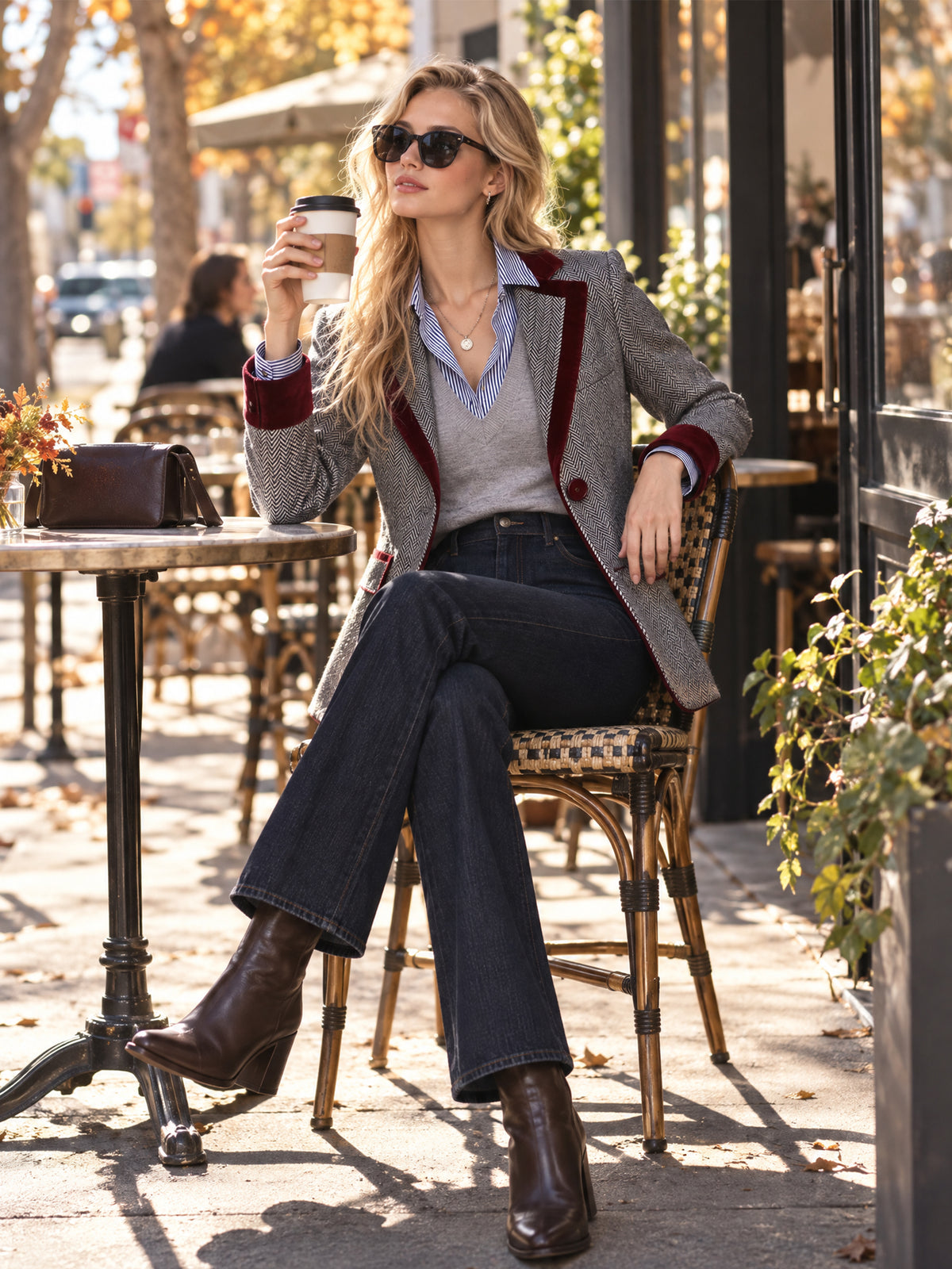 Herringbone Burgundy Velvet Contras Blazer Jacket