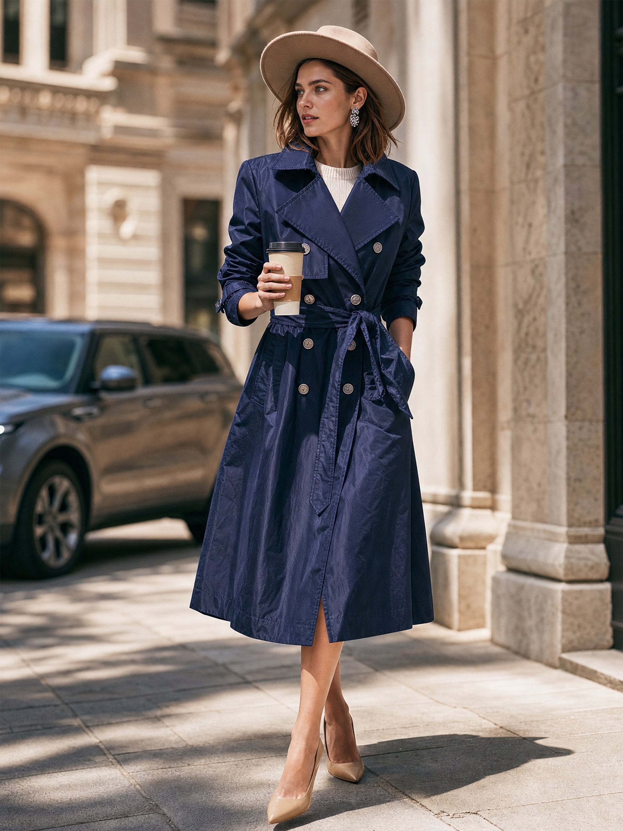 Navy Tailored Double-Breasted Belted Trench Coat Windbreaker