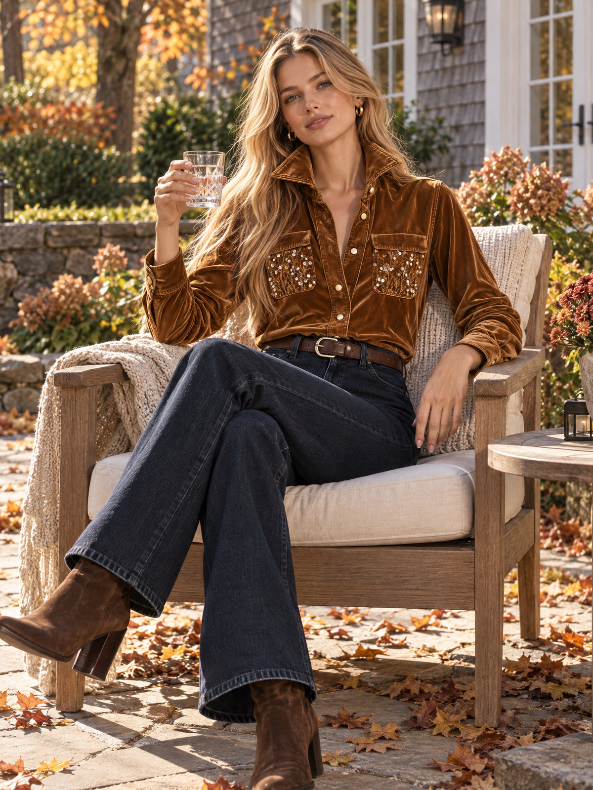 Velvet Embroidered Pocket Button Down Blouse