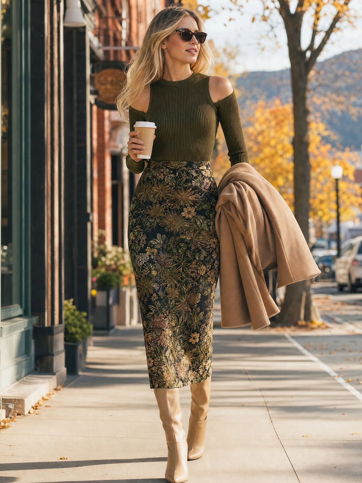 Cold‑Shoulder Knit Top & Floral Midi Skirt Set