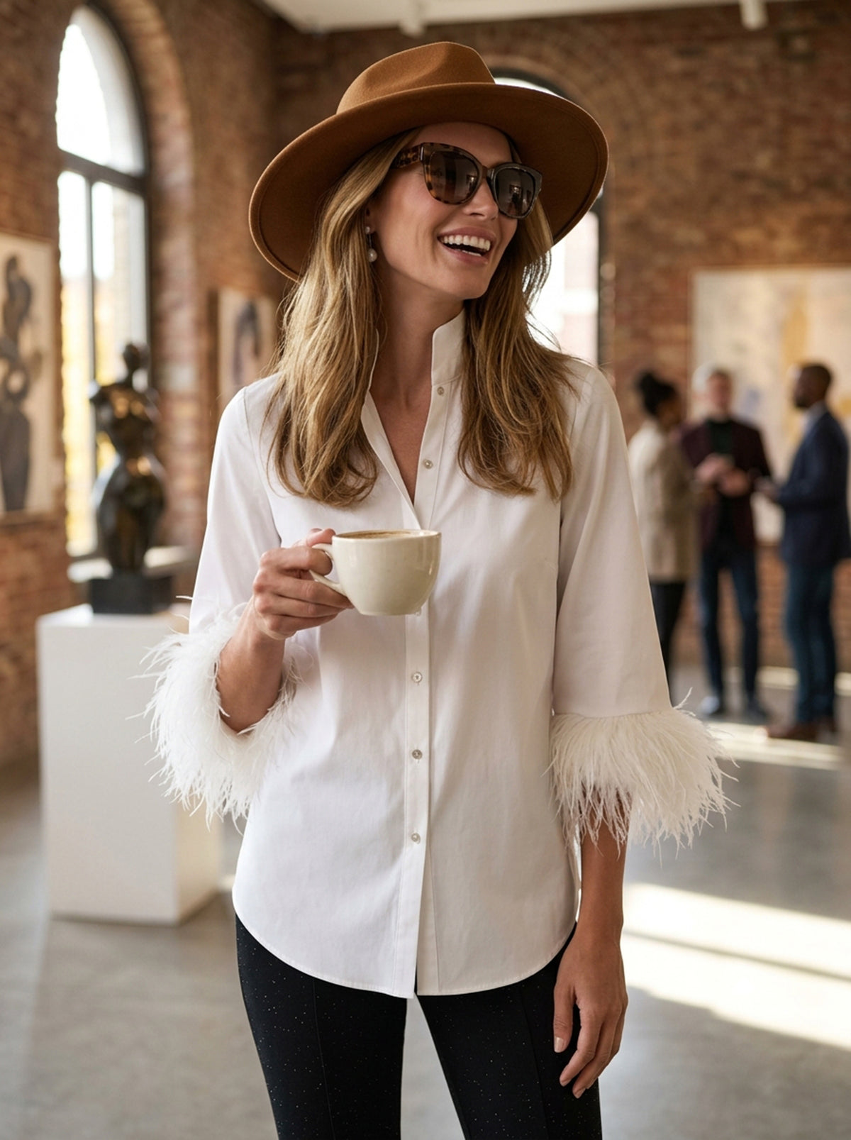 White Feather-Cuff Stand Collar Blouse