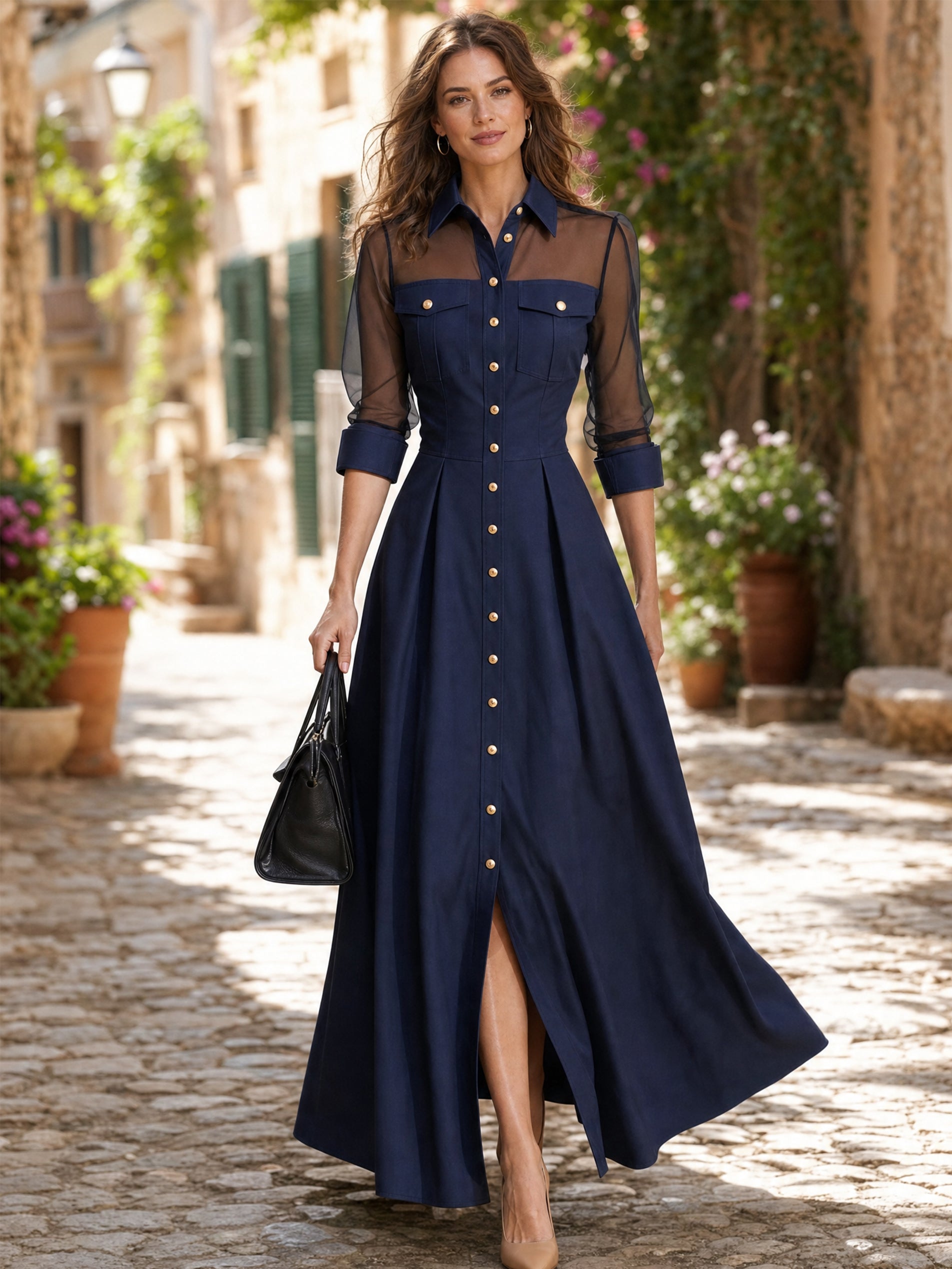Tailored Long Sleeve Mesh‑Panel Shirt‑Style Maxi Dress