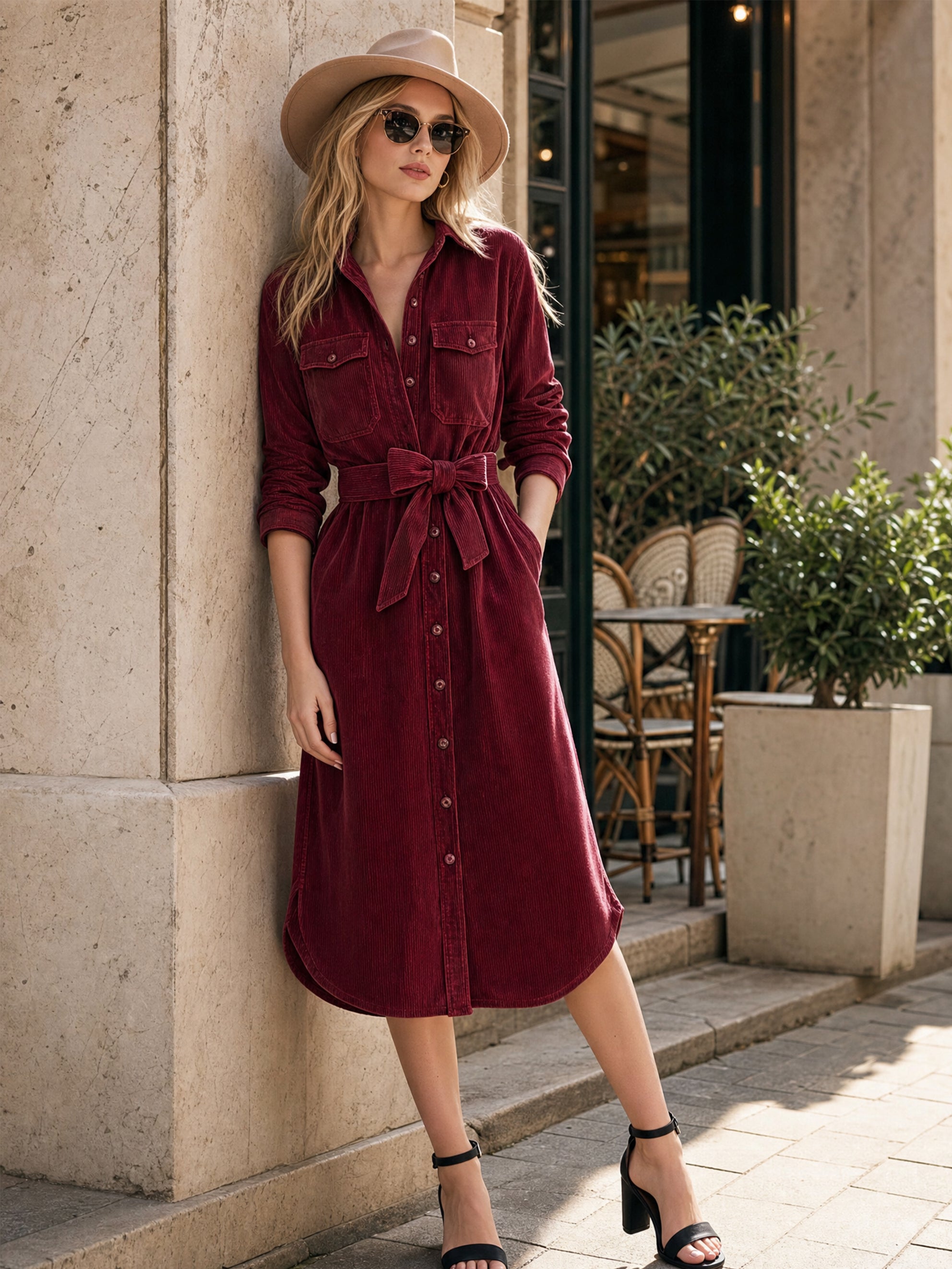 Cotton Burgundy Shirt Midi Dress With Self-Tie Waist Belt