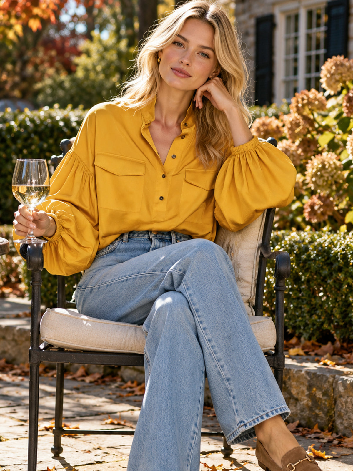 Mustard Yellow Satin Balloon Sleeve Blouse