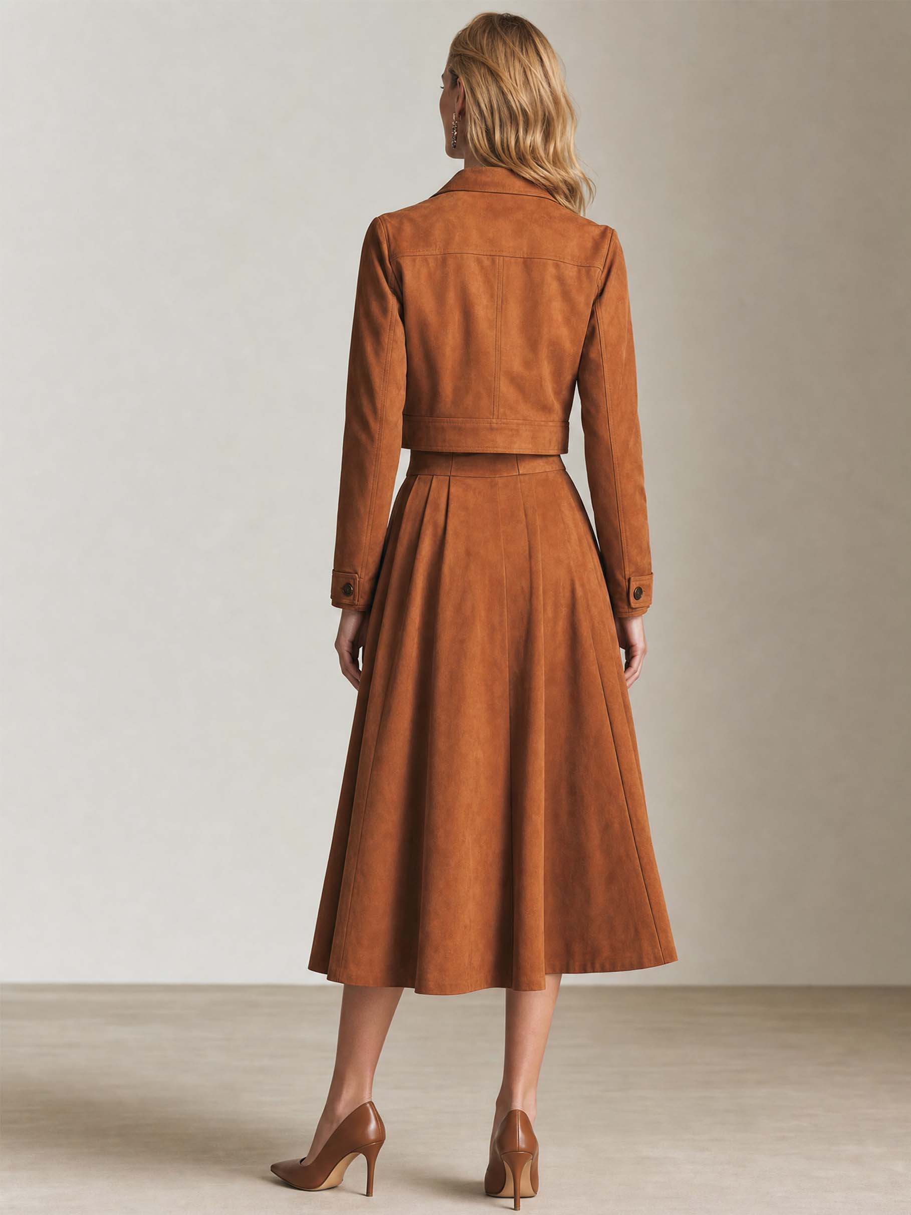 Camel High Waist Button Front Pleated Midi Skirt