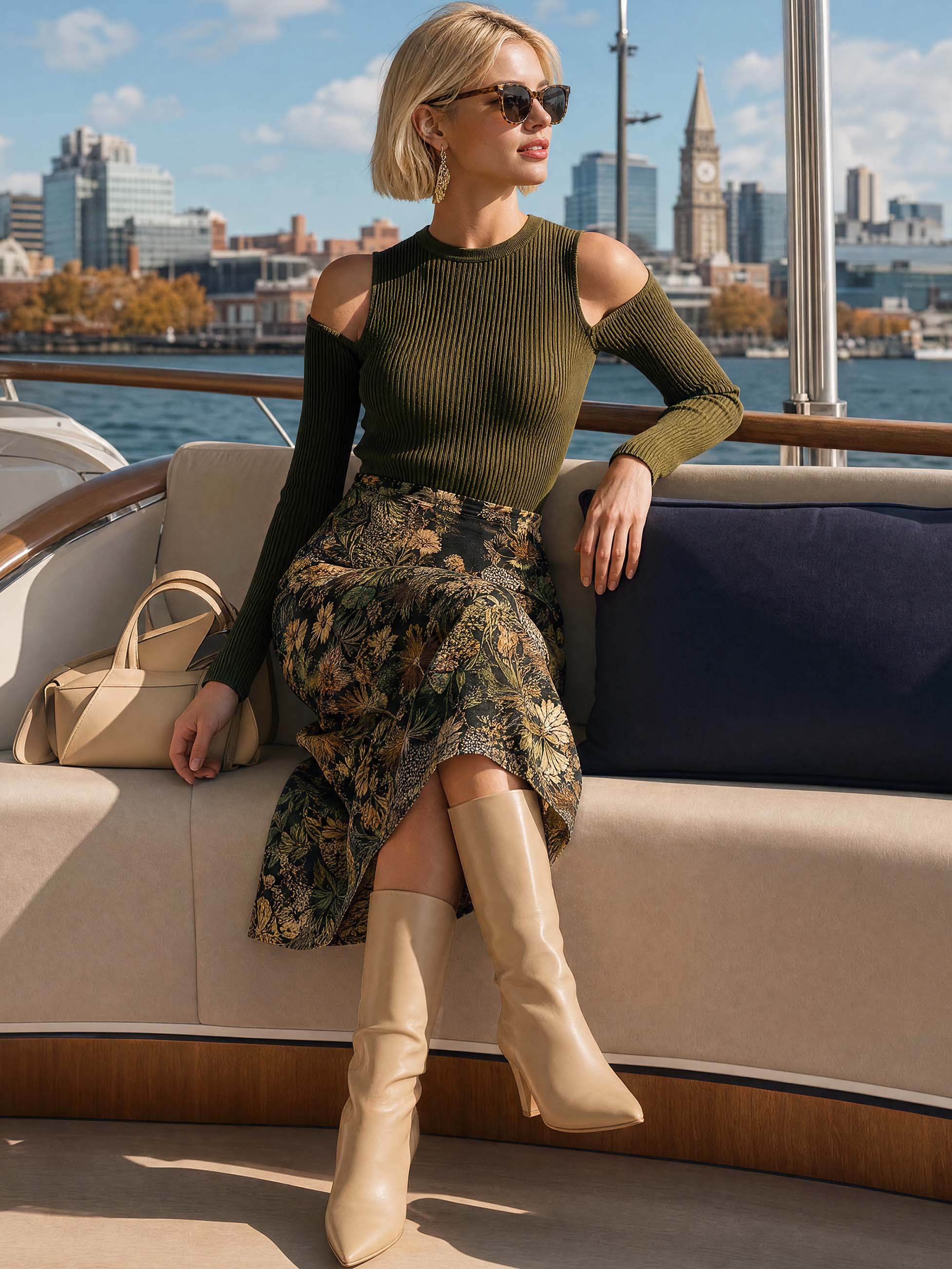 Cold‑Shoulder Knit Top & Floral Midi Skirt Set